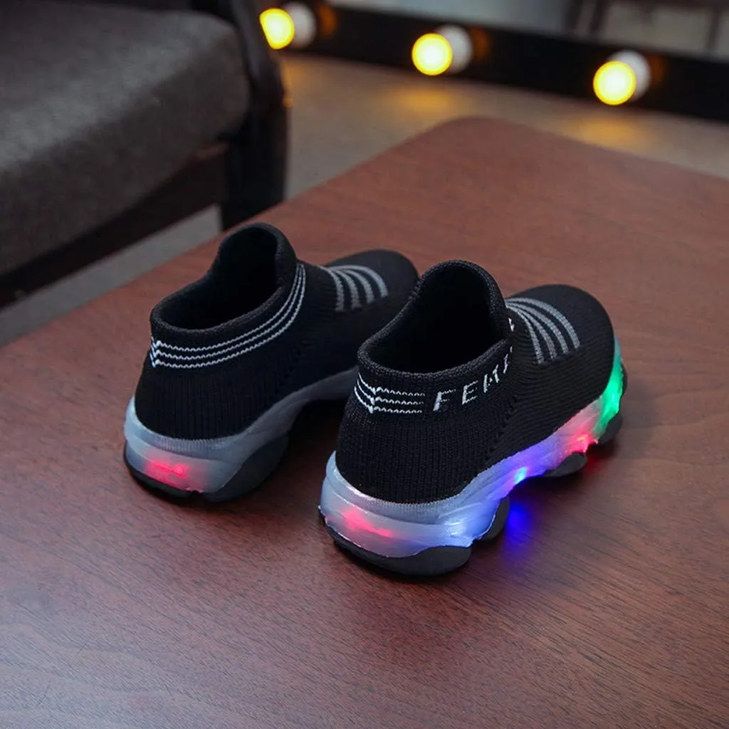 Fashion Trainers LED Breathable Stretch Fabric Sneakers for 1-6 Years Kids Toddler Baby Girls Boys Light Up Crib Shoes