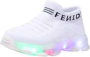 Fashion Trainers LED Breathable Stretch Fabric Sneakers for 1-6 Years Kids Toddler Baby Girls Boys Light Up Crib Shoes