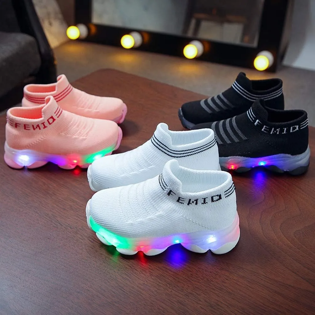 Fashion Trainers LED Breathable Stretch Fabric Sneakers for 1-6 Years Kids Toddler Baby Girls Boys Light Up Crib Shoes