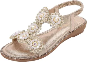 Flat Bohemian Sandals for Women Rhinestone Open Toe Slip On Casual Sandals Beach Non Slip Flat Sandals