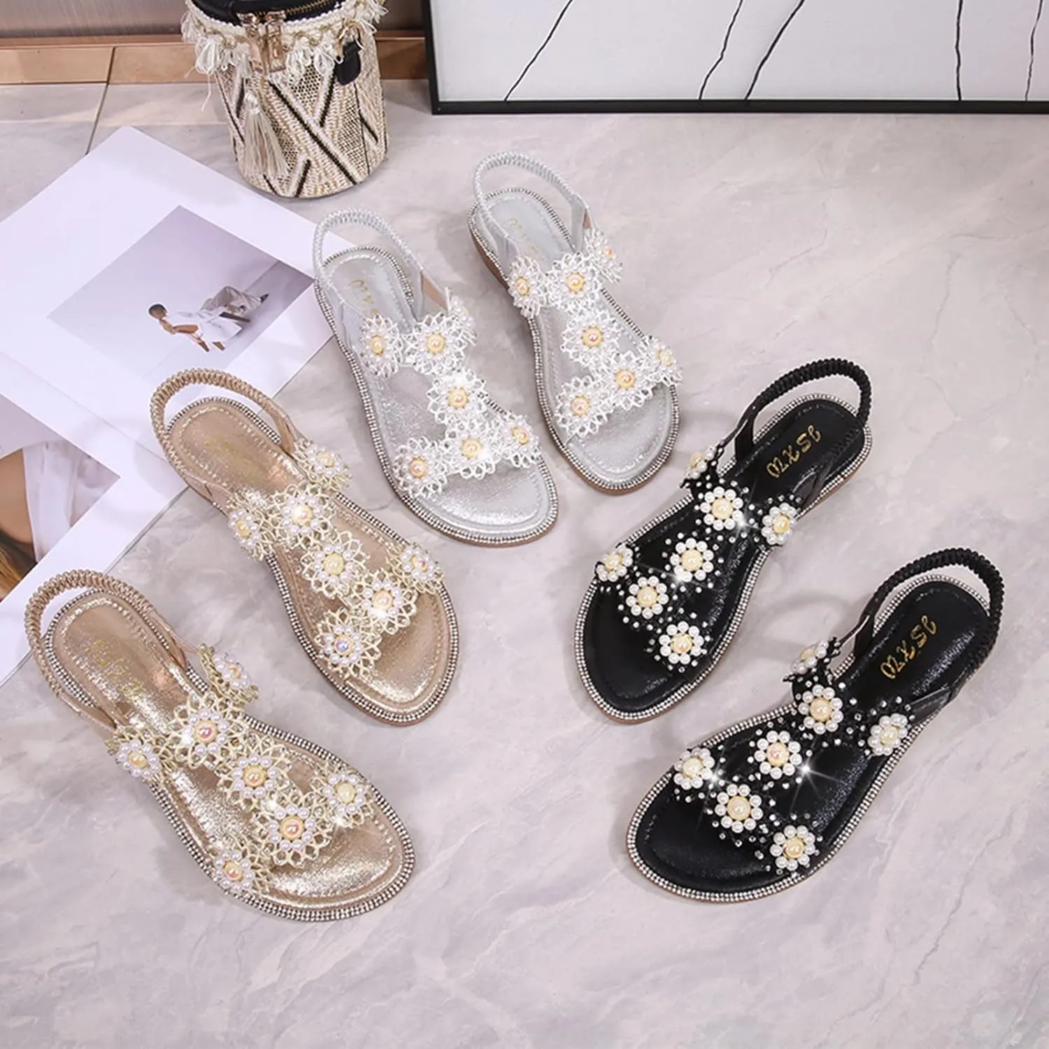 Flat Bohemian Sandals for Women Rhinestone Open Toe Slip On Casual Sandals Beach Non Slip Flat Sandals