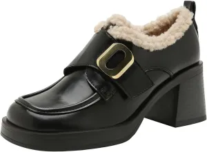 FOWT Women Platform Round Toe Loafers Chunky Block Mid Heel Pumps Fur Inside Warm Fall Winter Daily Shoes Size 4-16 US