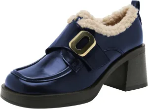 FOWT Women Platform Round Toe Loafers Chunky Block Mid Heel Pumps Fur Inside Warm Fall Winter Daily Shoes Size 4-16 US