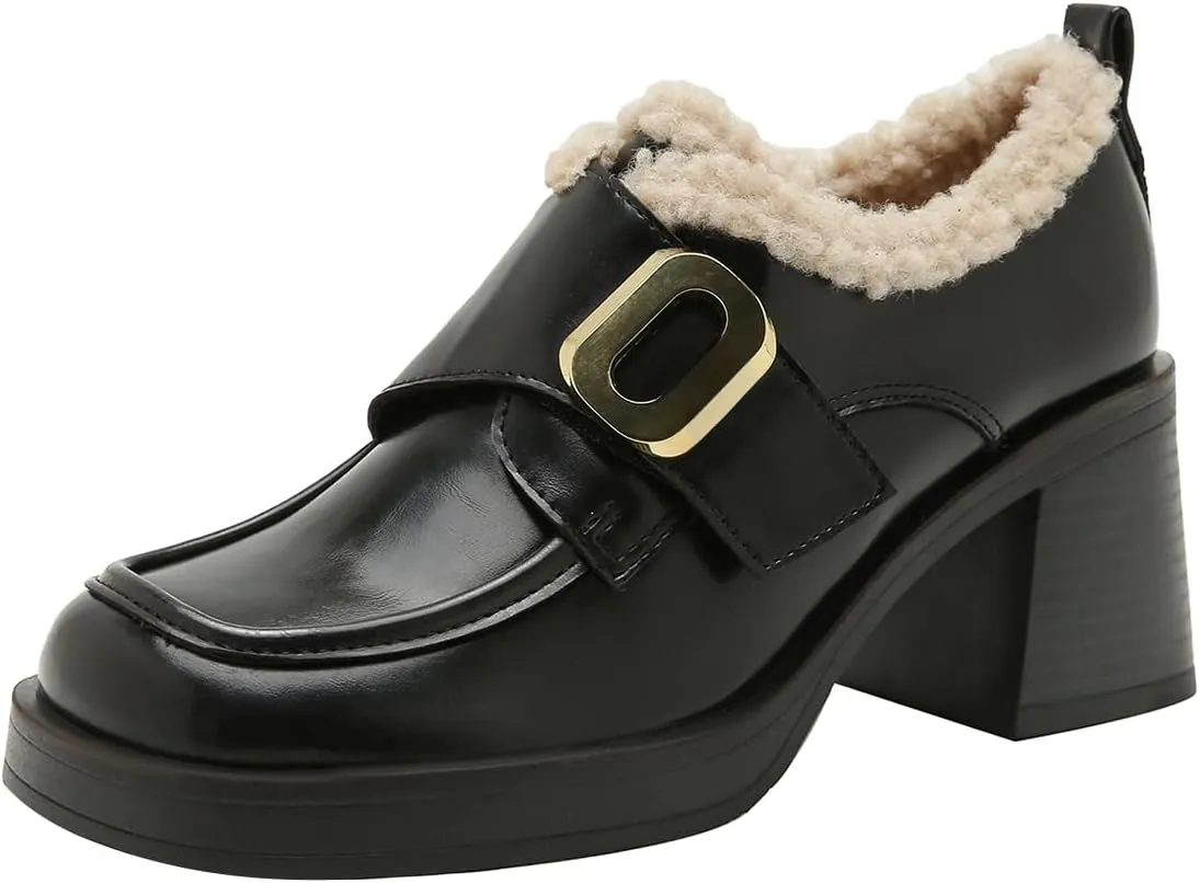 FOWT Women Platform Round Toe Loafers Chunky Block Mid Heel Pumps Fur Inside Warm Fall Winter Daily Shoes Size 4-16 US