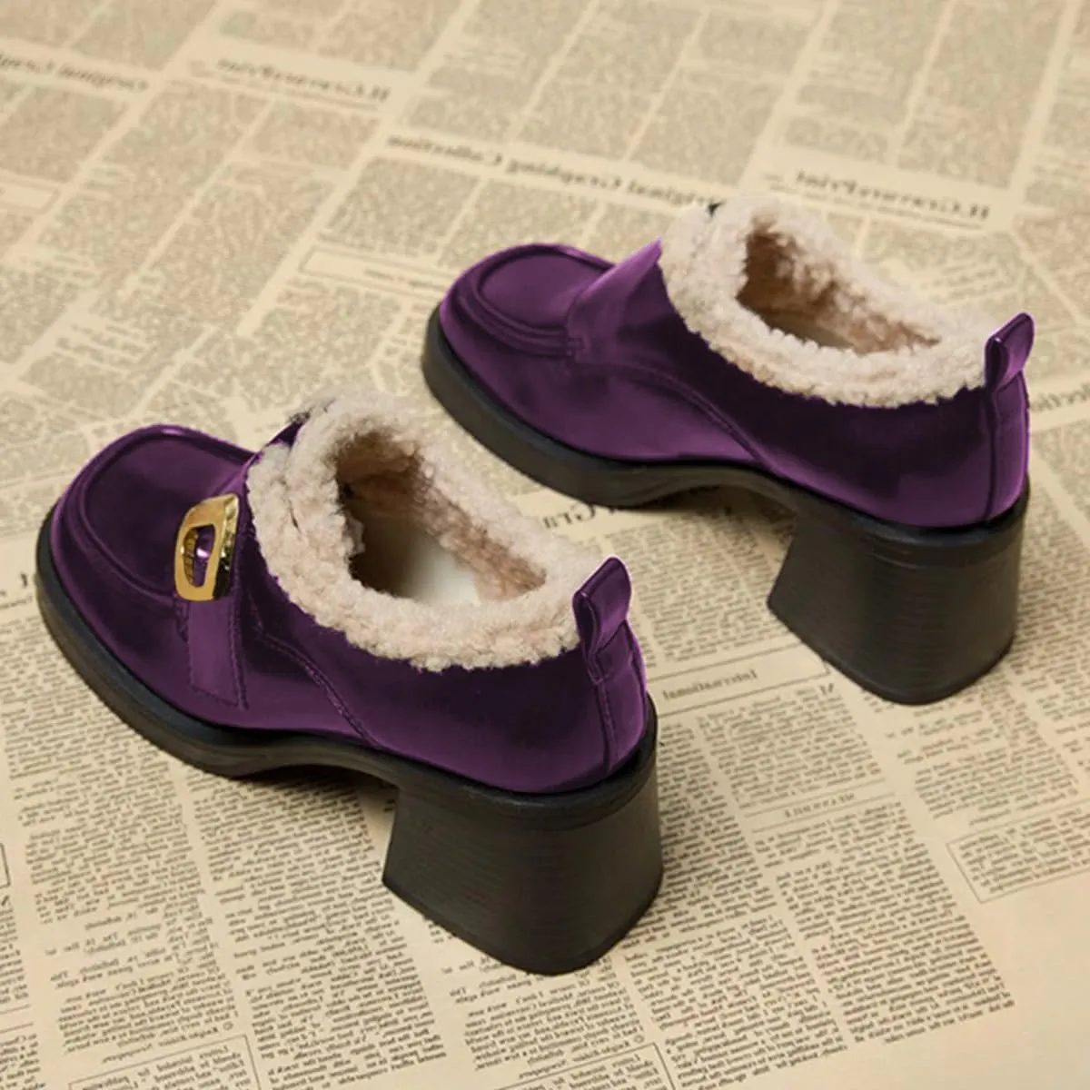 FOWT Women Platform Round Toe Loafers Chunky Block Mid Heel Pumps Fur Inside Warm Fall Winter Daily Shoes Size 4-16 US