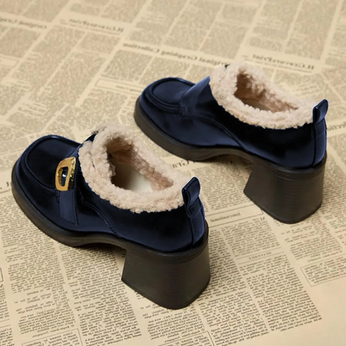 FOWT Women Platform Round Toe Loafers Chunky Block Mid Heel Pumps Fur Inside Warm Fall Winter Daily Shoes Size 4-16 US