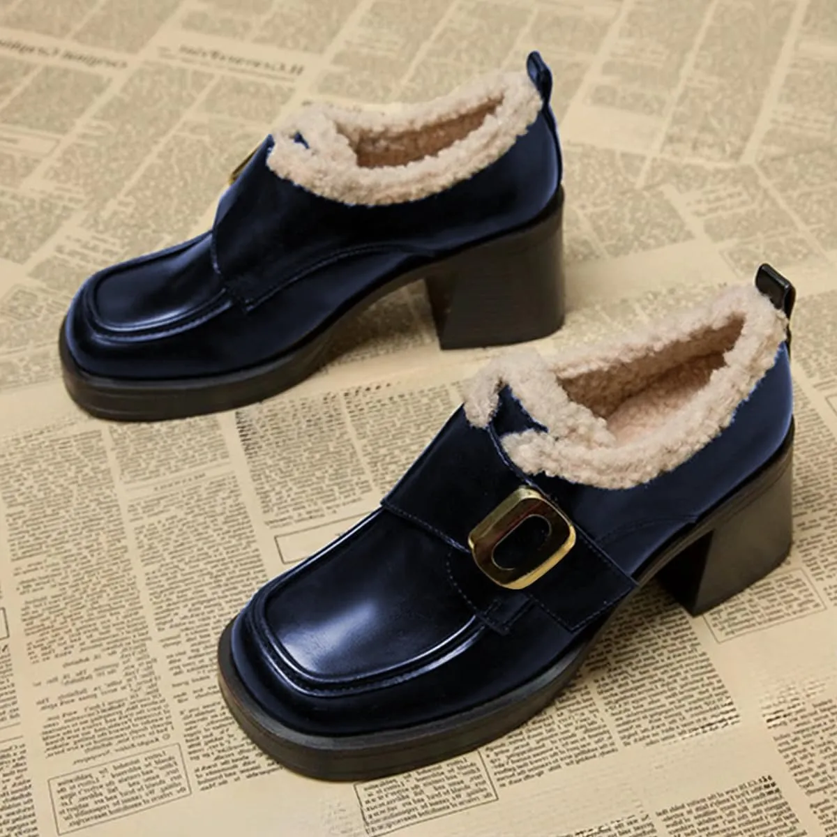 FOWT Women Platform Round Toe Loafers Chunky Block Mid Heel Pumps Fur Inside Warm Fall Winter Daily Shoes Size 4-16 US