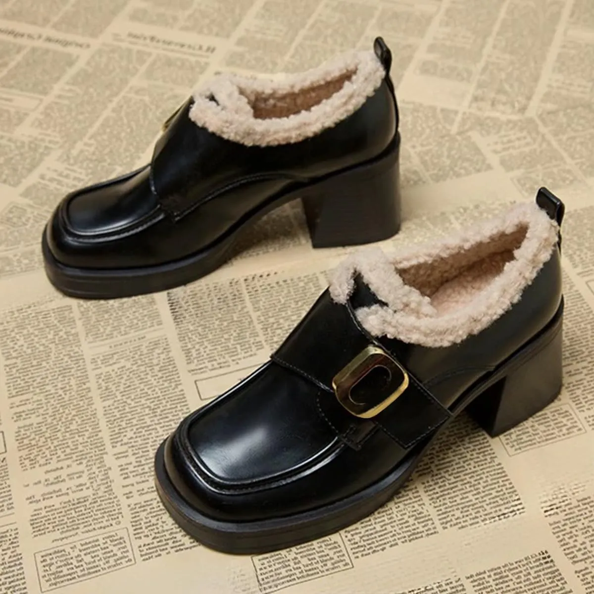 FOWT Women Platform Round Toe Loafers Chunky Block Mid Heel Pumps Fur Inside Warm Fall Winter Daily Shoes Size 4-16 US