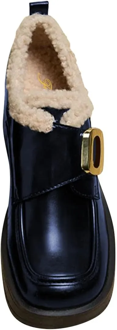 FOWT Women Platform Round Toe Loafers Chunky Block Mid Heel Pumps Fur Inside Warm Fall Winter Daily Shoes Size 4-16 US