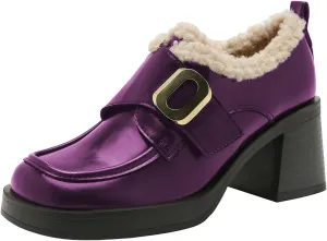FOWT Women Platform Round Toe Loafers Chunky Block Mid Heel Pumps Fur Inside Warm Fall Winter Daily Shoes Size 4-16 US