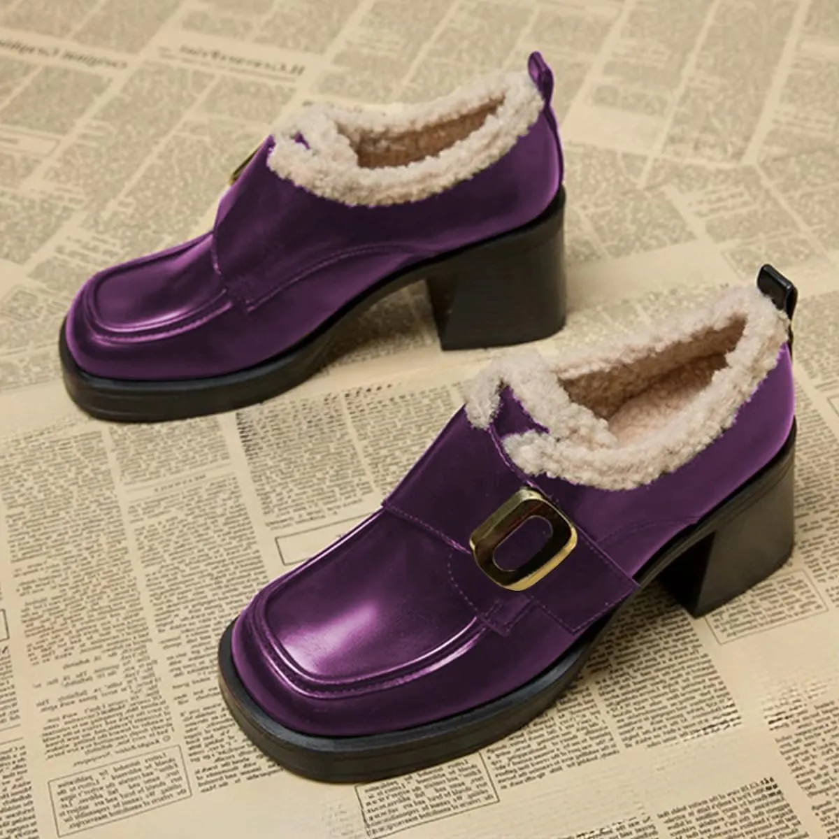 FOWT Women Platform Round Toe Loafers Chunky Block Mid Heel Pumps Fur Inside Warm Fall Winter Daily Shoes Size 4-16 US