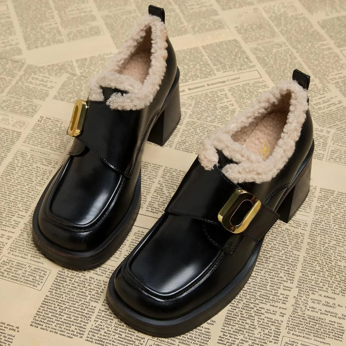 FOWT Women Platform Round Toe Loafers Chunky Block Mid Heel Pumps Fur Inside Warm Fall Winter Daily Shoes Size 4-16 US