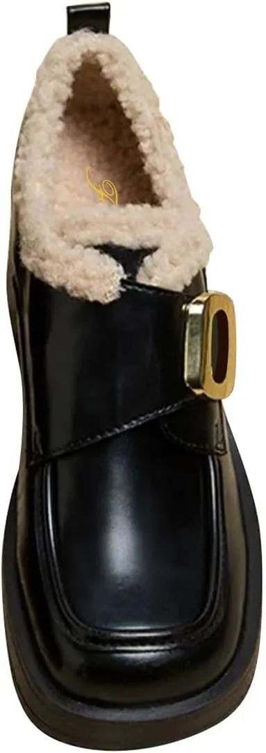 FOWT Women Platform Round Toe Loafers Chunky Block Mid Heel Pumps Fur Inside Warm Fall Winter Daily Shoes Size 4-16 US