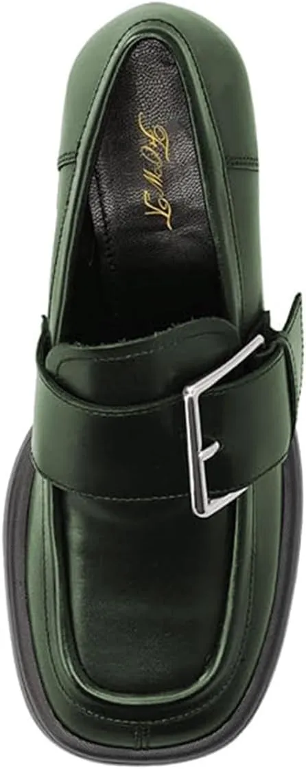 FOWT Women Platfrom Round Toe Penny Loafers Chunky Block Low Heel Pumps Slip on Buckle Decor Office Daily Shoes Size 4-16 US
