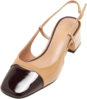 FOWT Women Square Toe Two Tone Pumps Chunky Block Low Heel Slingbacks Slip on Comfortable Party Dance Daily Shoes Size 4-16 US