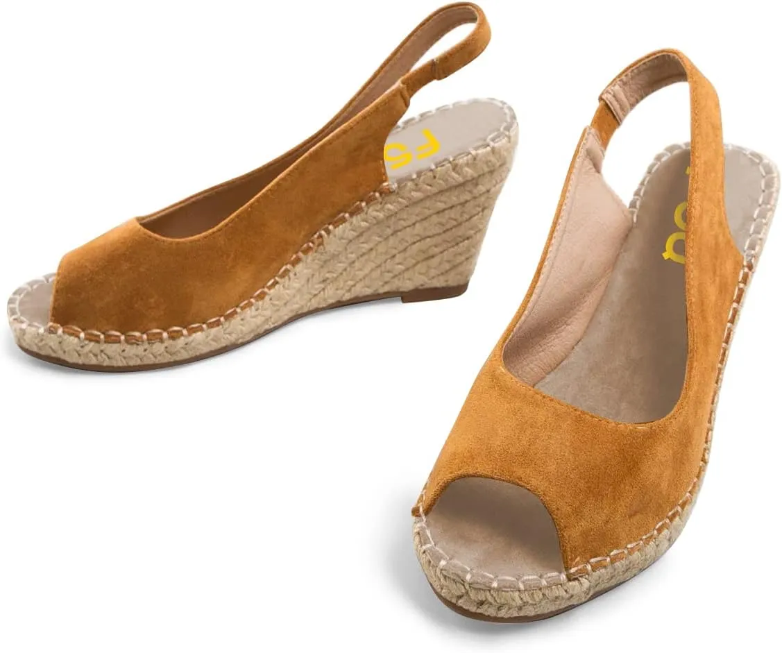 FSJ Women Chic Peep Toe Espadrilles Wedge High Heel Sandals Elastic Back Strap Slip On Casual Walking Daily Shoes Size 4-15 US