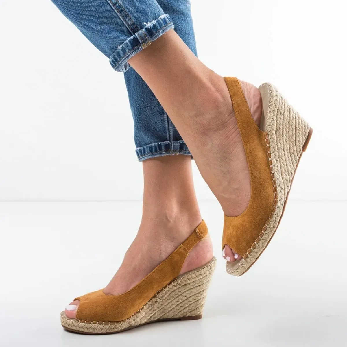 FSJ Women Chic Peep Toe Espadrilles Wedge High Heel Sandals Elastic Back Strap Slip On Casual Walking Daily Shoes Size 4-15 US