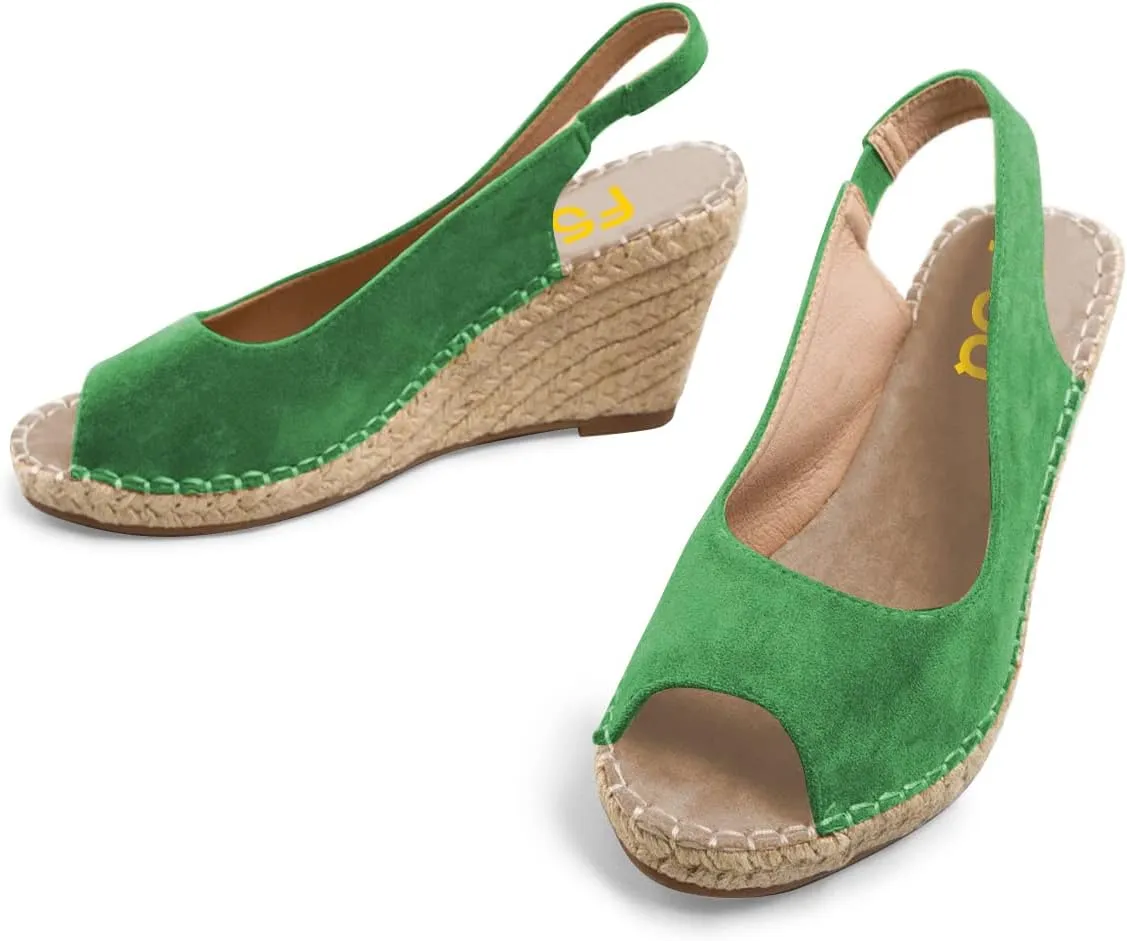 FSJ Women Chic Peep Toe Espadrilles Wedge High Heel Sandals Elastic Back Strap Slip On Casual Walking Daily Shoes Size 4-15 US