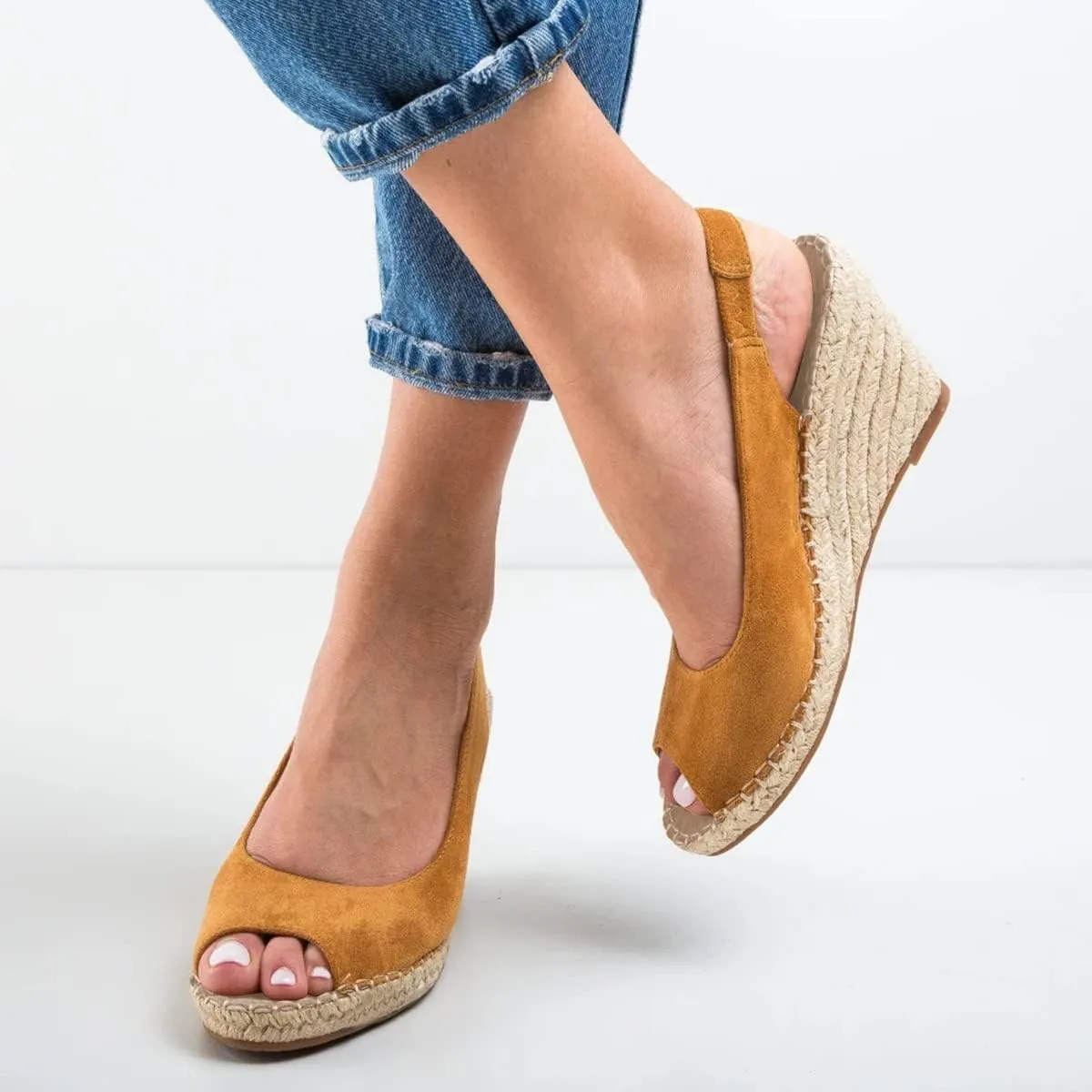 FSJ Women Chic Peep Toe Espadrilles Wedge High Heel Sandals Elastic Back Strap Slip On Casual Walking Daily Shoes Size 4-15 US