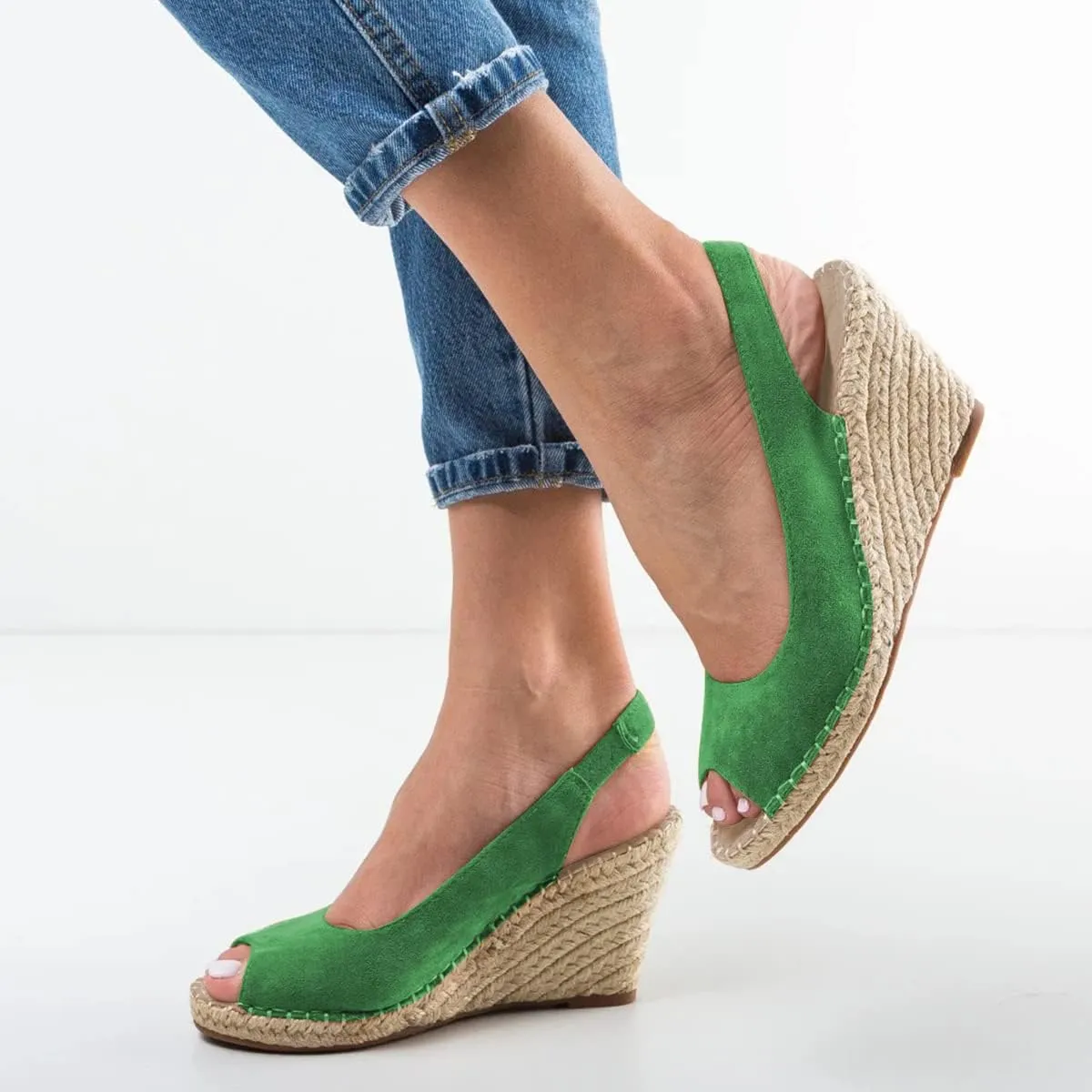 FSJ Women Chic Peep Toe Espadrilles Wedge High Heel Sandals Elastic Back Strap Slip On Casual Walking Daily Shoes Size 4-15 US