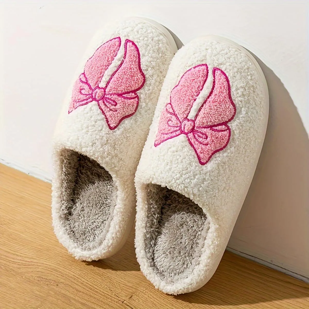 Fuzzy Cute Bow Slippers for Women Winter Warm Cozy House Slippers Plush Indoor Outdoor Shoes