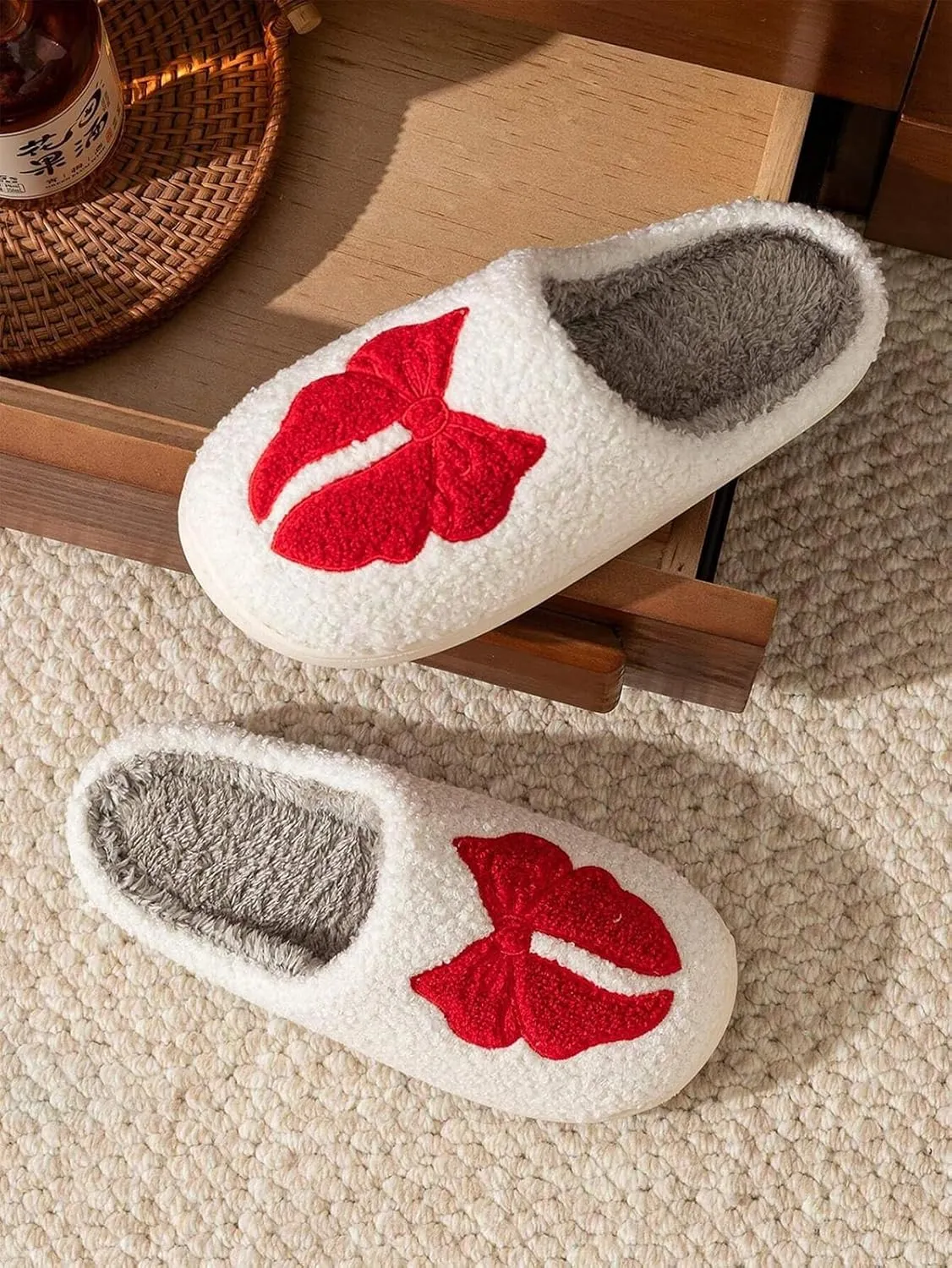 Fuzzy Cute Bow Slippers for Women Winter Warm Cozy House Slippers Plush Indoor Outdoor Shoes