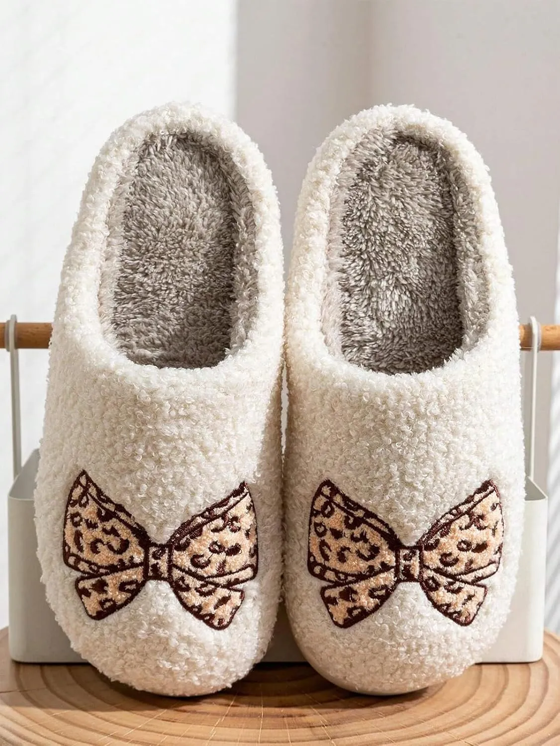 Fuzzy Cute Bow Slippers for Women Winter Warm Cozy House Slippers Plush Indoor Outdoor Shoes
