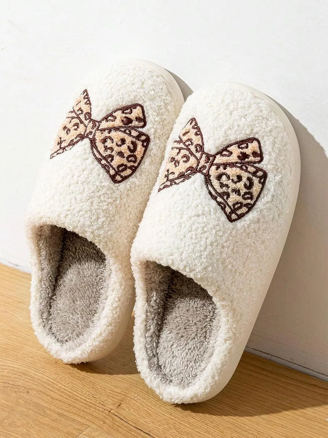 Fuzzy Cute Bow Slippers for Women Winter Warm Cozy House Slippers Plush Indoor Outdoor Shoes