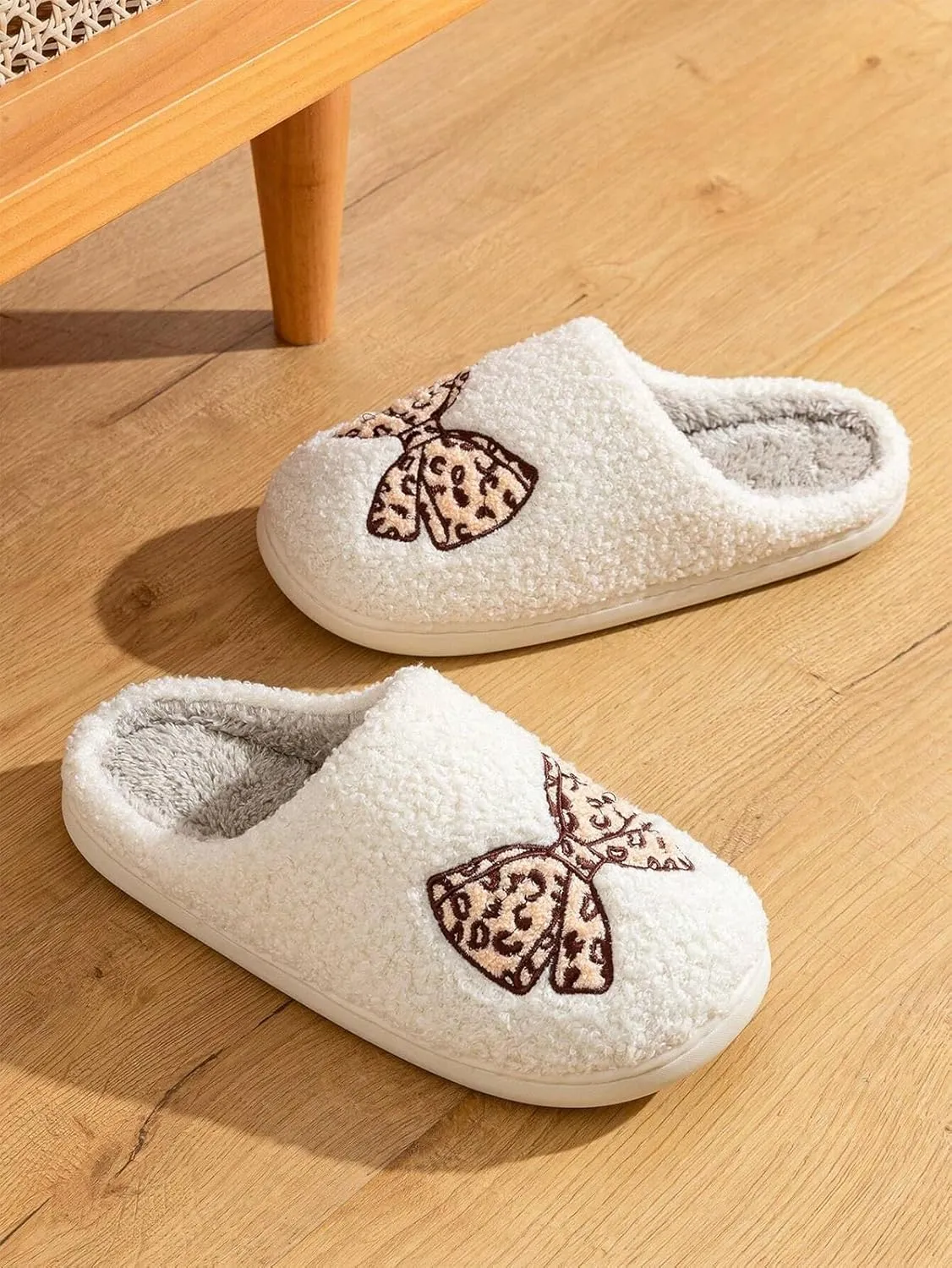 Fuzzy Cute Bow Slippers for Women Winter Warm Cozy House Slippers Plush Indoor Outdoor Shoes