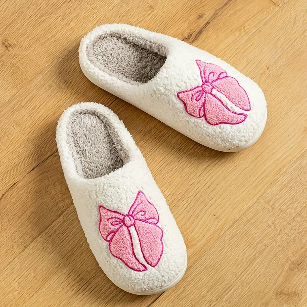 Fuzzy Cute Bow Slippers for Women Winter Warm Cozy House Slippers Plush Indoor Outdoor Shoes