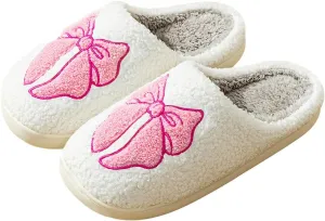 Fuzzy Cute Bow Slippers for Women Winter Warm Cozy House Slippers Plush Indoor Outdoor Shoes