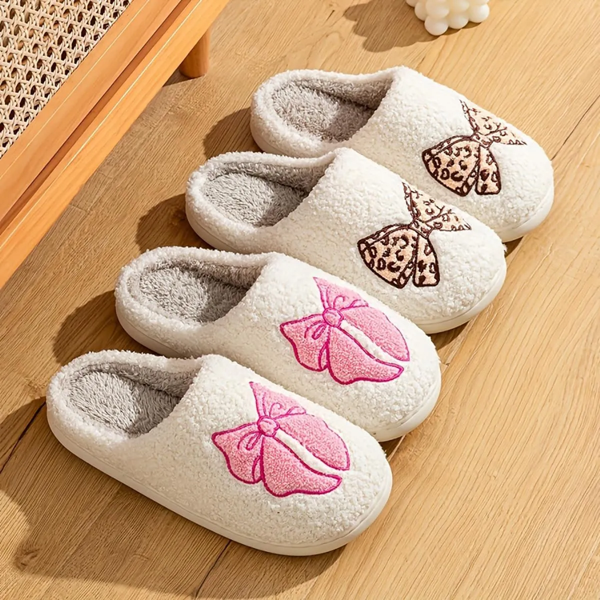 Fuzzy Cute Bow Slippers for Women Winter Warm Cozy House Slippers Plush Indoor Outdoor Shoes