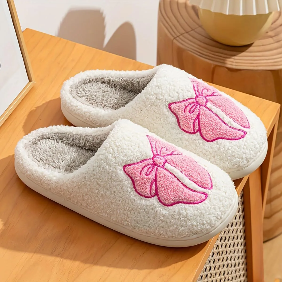 Fuzzy Cute Bow Slippers for Women Winter Warm Cozy House Slippers Plush Indoor Outdoor Shoes