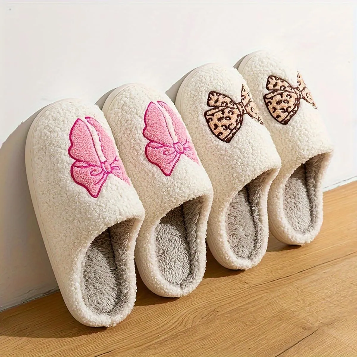 Fuzzy Cute Bow Slippers for Women Winter Warm Cozy House Slippers Plush Indoor Outdoor Shoes