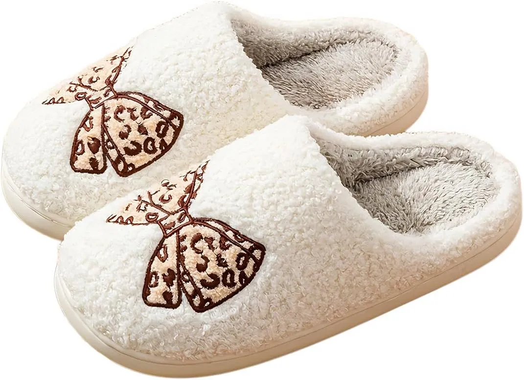 Fuzzy Cute Bow Slippers for Women Winter Warm Cozy House Slippers Plush Indoor Outdoor Shoes