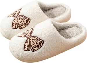 Fuzzy Cute Bow Slippers for Women Winter Warm Cozy House Slippers Plush Indoor Outdoor Shoes