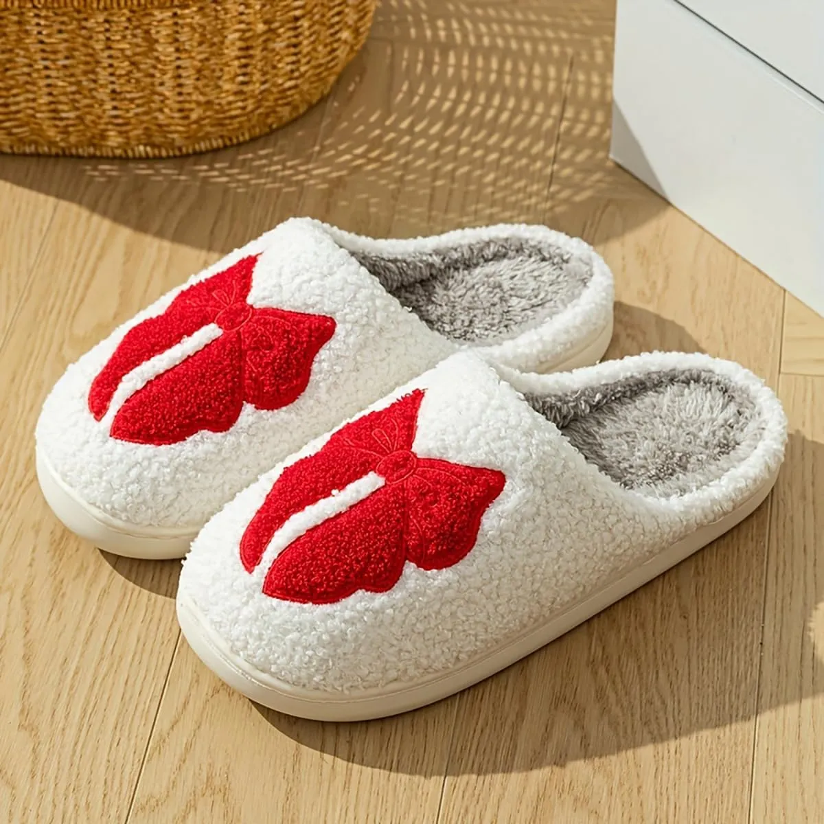 Fuzzy Cute Bow Slippers for Women Winter Warm Cozy House Slippers Plush Indoor Outdoor Shoes