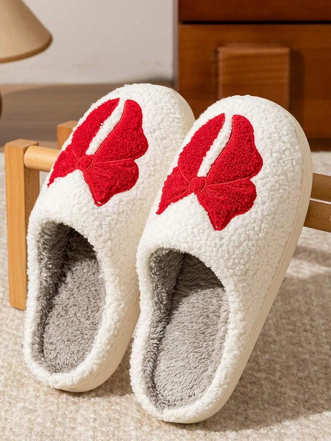 Fuzzy Cute Bow Slippers for Women Winter Warm Cozy House Slippers Plush Indoor Outdoor Shoes