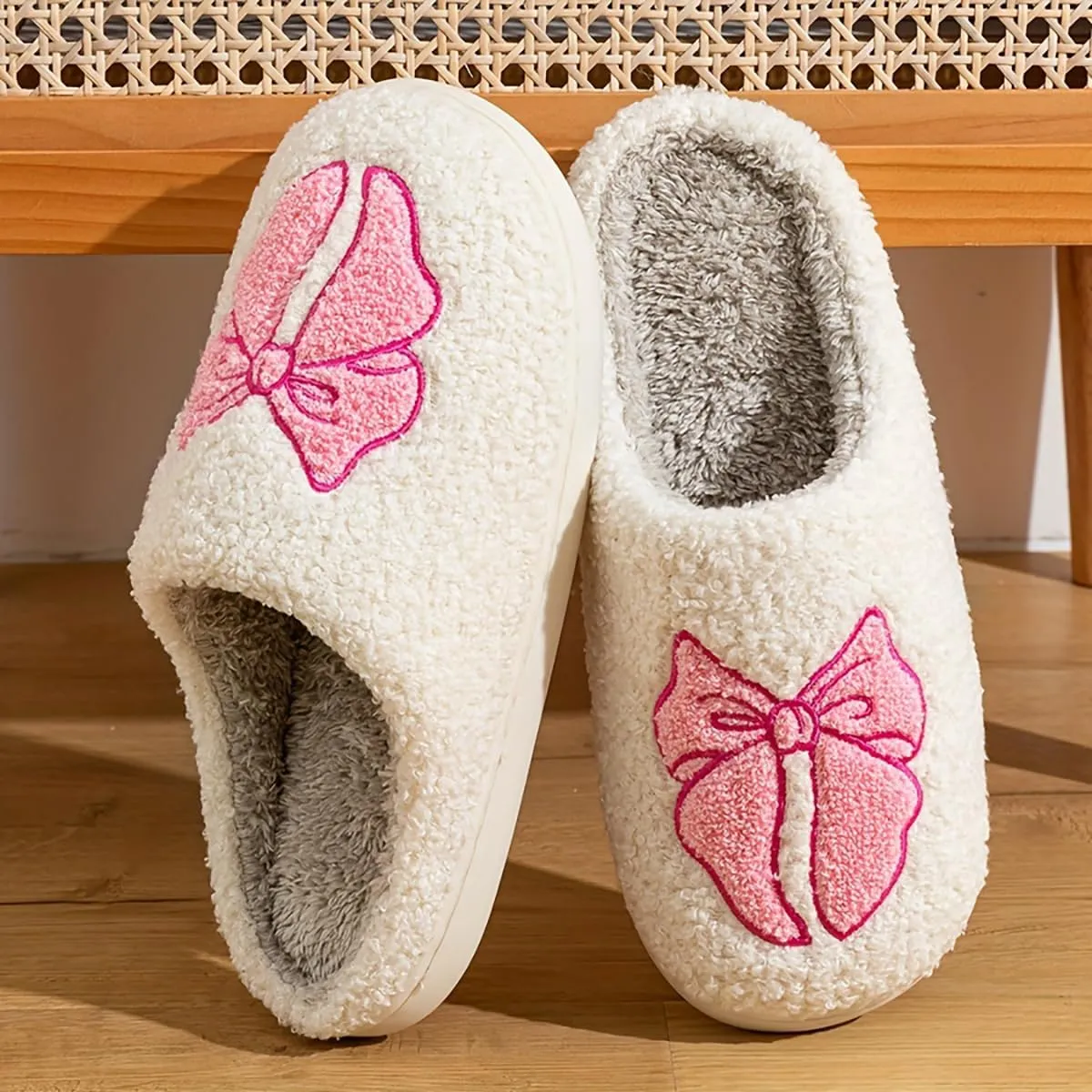 Fuzzy Cute Bow Slippers for Women Winter Warm Cozy House Slippers Plush Indoor Outdoor Shoes