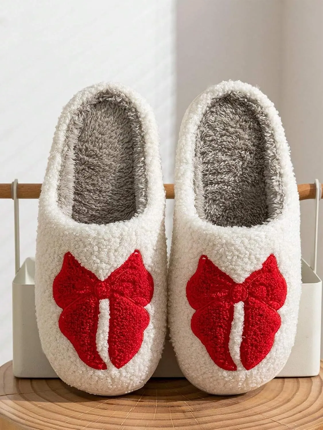 Fuzzy Cute Bow Slippers for Women Winter Warm Cozy House Slippers Plush Indoor Outdoor Shoes