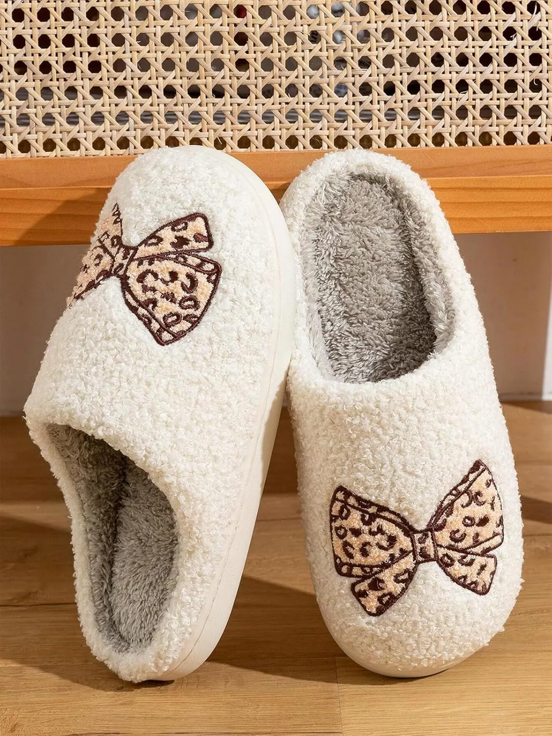 Fuzzy Cute Bow Slippers for Women Winter Warm Cozy House Slippers Plush Indoor Outdoor Shoes
