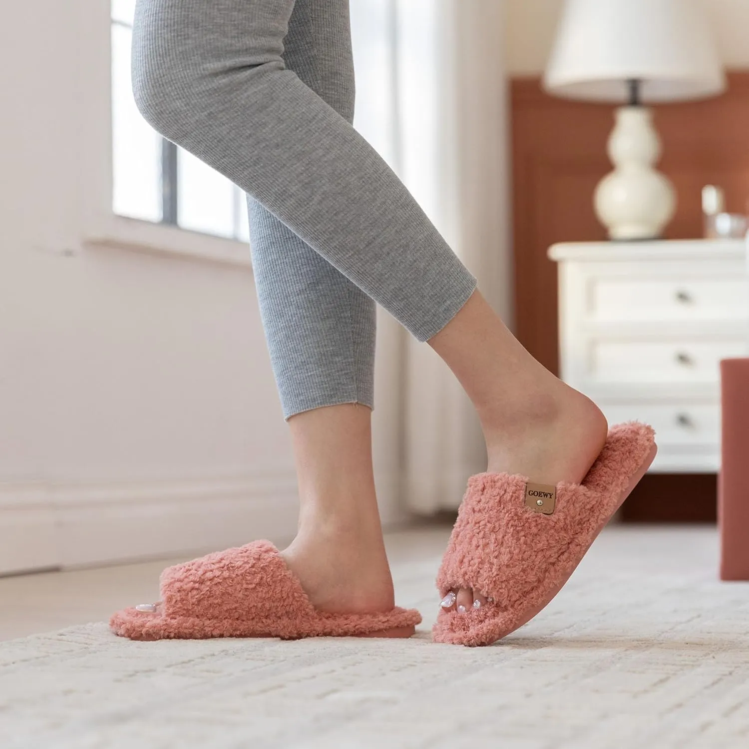Fuzzy Open Toe Slippers for Women Indoor Cozy Memory Foam Slip On House Slides Shoes Gifts for Womens Her Mom
