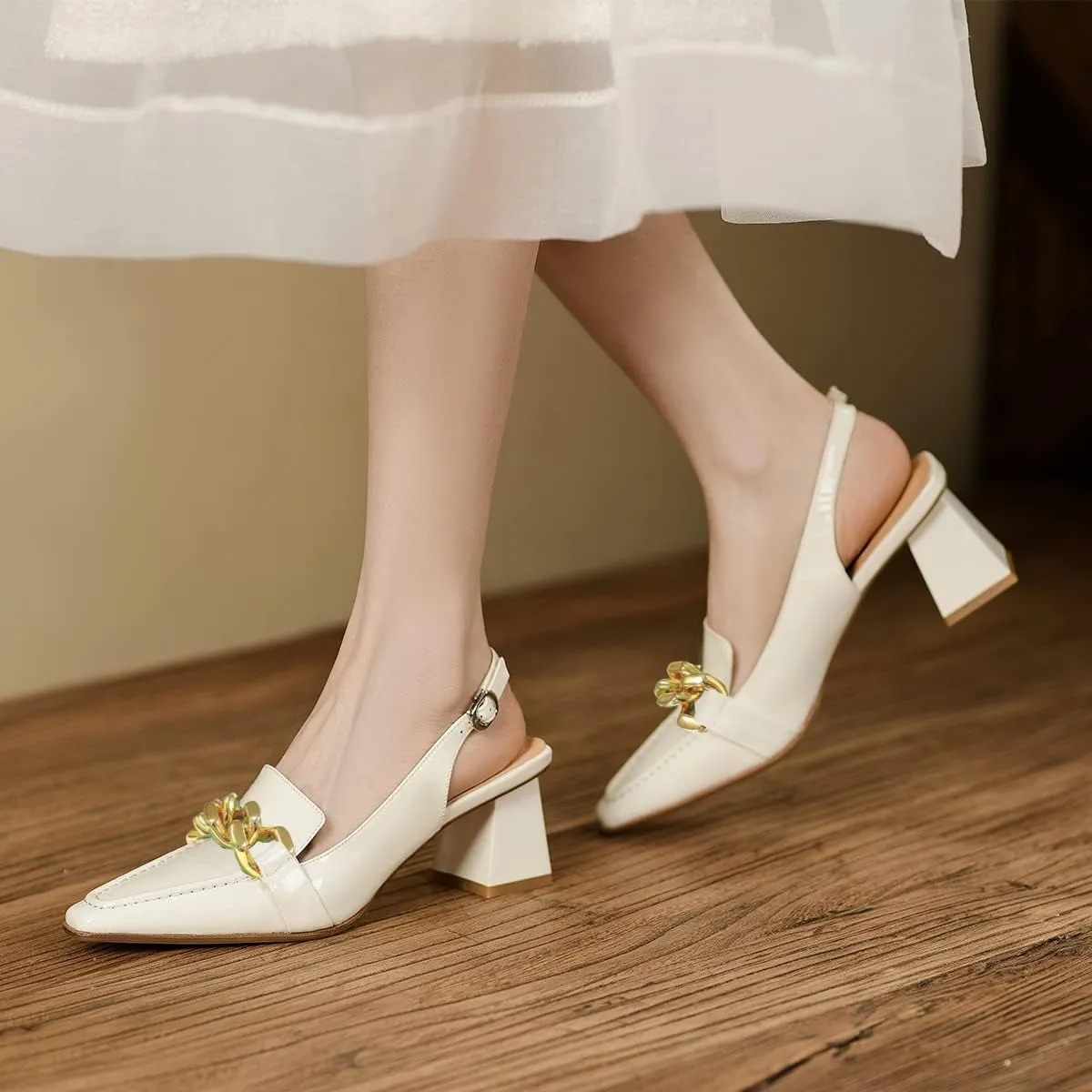 FYS Women Fashion Chain Loafer Closed Square Toe Block Chunky Heel Slingback Pumps with Buckled Office Work Daily Shoes Size 4-15 US