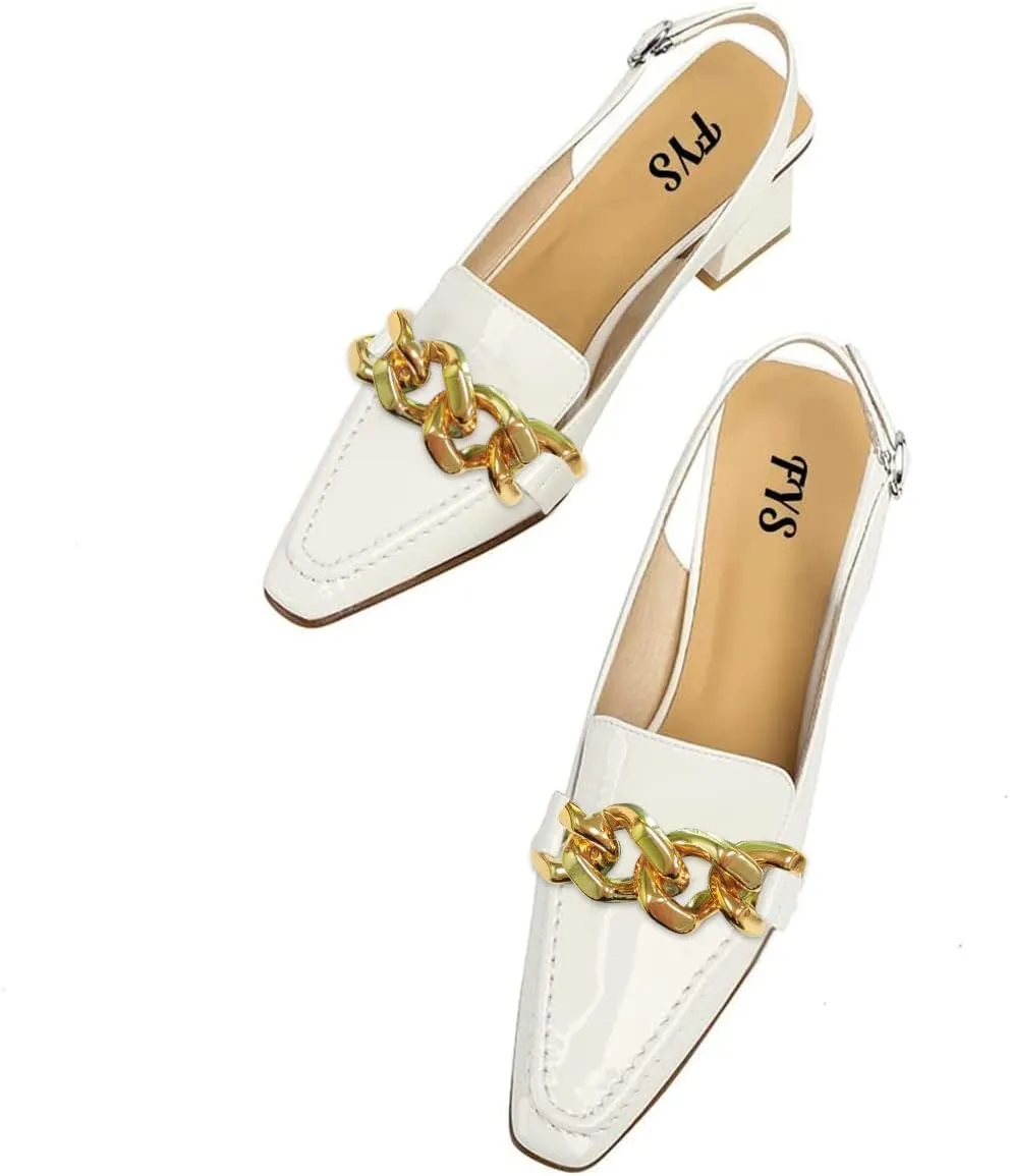 FYS Women Fashion Chain Loafer Closed Square Toe Block Chunky Heel Slingback Pumps with Buckled Office Work Daily Shoes Size 4-15 US