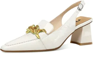 FYS Women Fashion Chain Loafer Closed Square Toe Block Chunky Heel Slingback Pumps with Buckled Office Work Daily Shoes Size 4-15 US