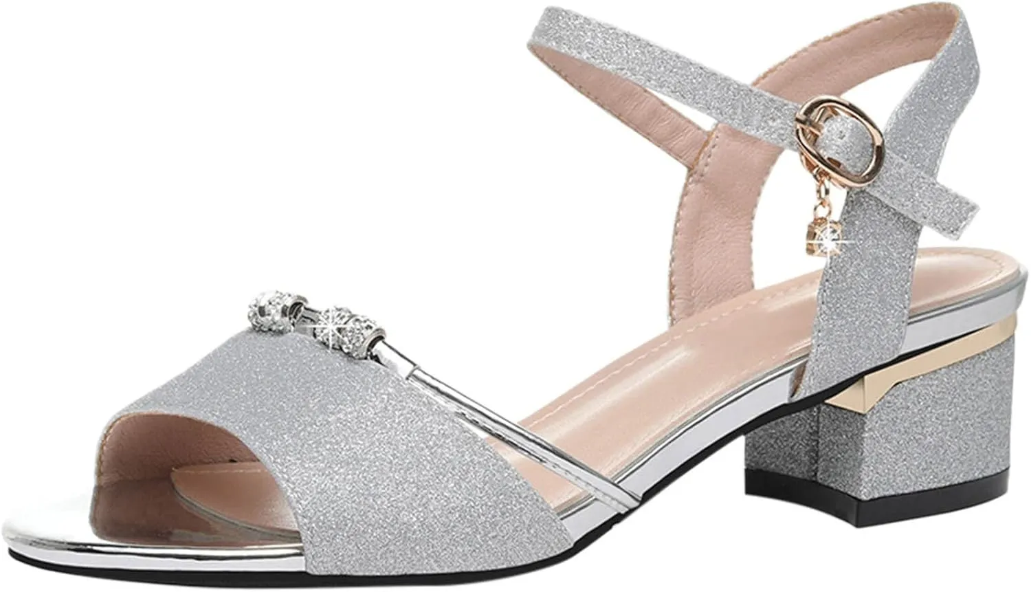 Glitter Low Heel Sandals for Women Ankle Strap Chunky Heels Dress Shoes Summer Open Toe Sandals (Silver, 8)