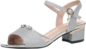 Glitter Low Heel Sandals for Women Ankle Strap Chunky Heels Dress Shoes Summer Open Toe Sandals (Silver, 8)
