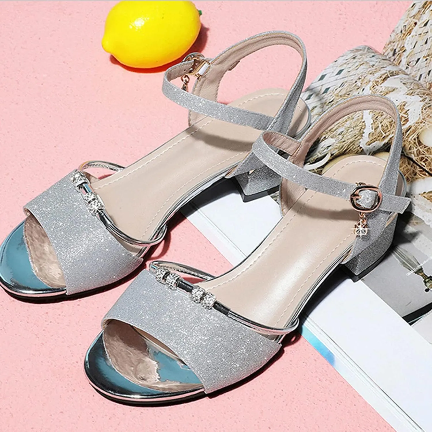 Glitter Low Heel Sandals for Women Ankle Strap Chunky Heels Dress Shoes Summer Open Toe Sandals (Silver, 8)
