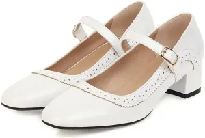 Hee grand Vintage Mary Jane Shoes Chunky Heels for Women Square Toe Adjustable Strap Pump PU Leather Brogue Work Heels Dress Shoes