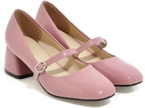 Hee grand Vintage Mary Jane Shoes Chunky Heels for Women Square Toe Adjustable Strap Pump PU Leather Brogue Work Heels Dress Shoes